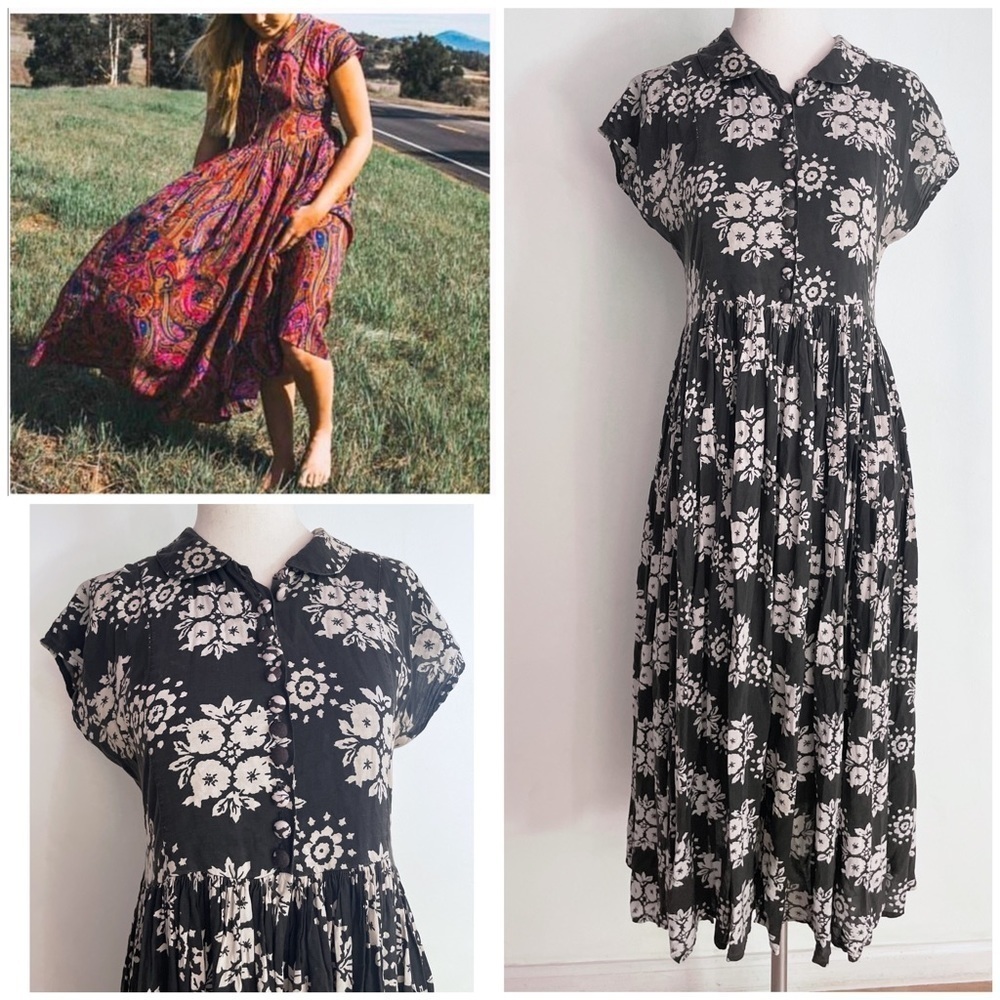 NOVELLA ROYALE Jamie black/Gray/White Floral Button Midi Retro Made in USA Dress